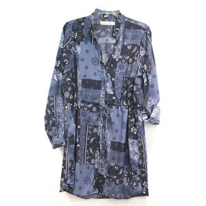Abercrombie Fitch Patchwork Dress Womens size L Blue Paisley Drawstring Pockets